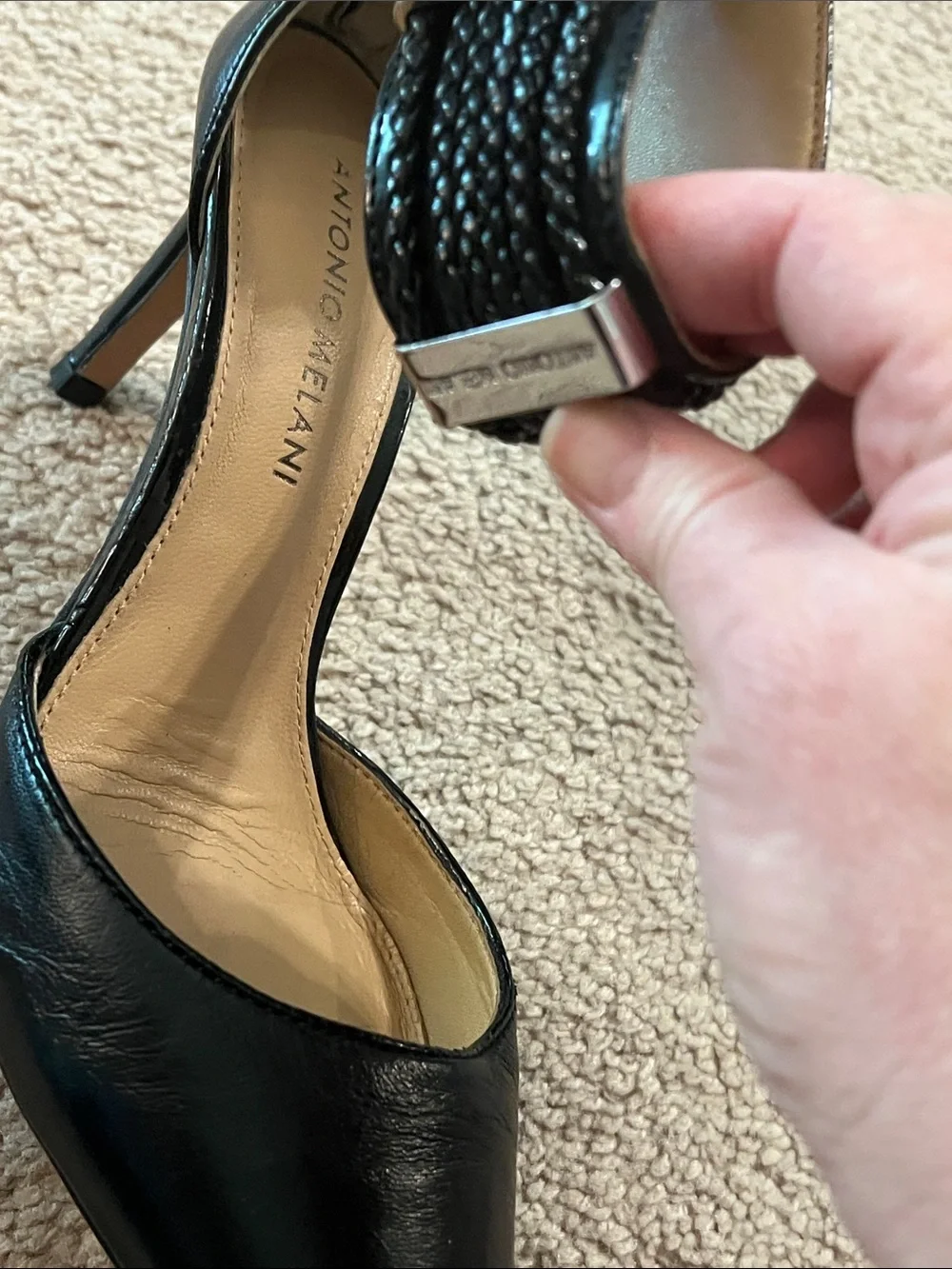 ANTONIO MELANI Black Pointed-Toe Ankle-Strap Pumps with Woven Detail
